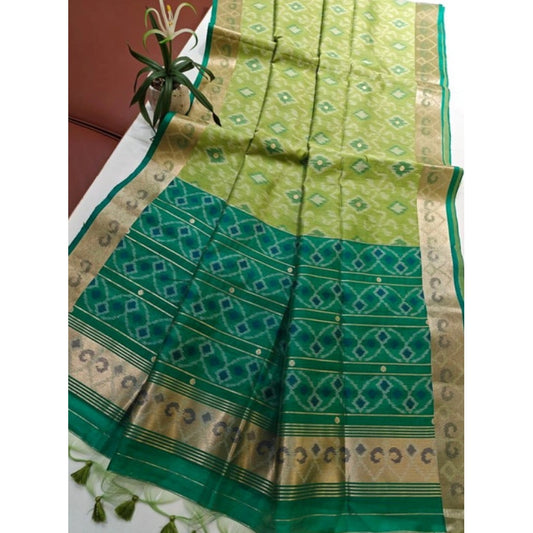 Women's Raw Silk Ikkat Saree With Unstitched Blouse 5.5Mtr (Green) - VANSHELLE