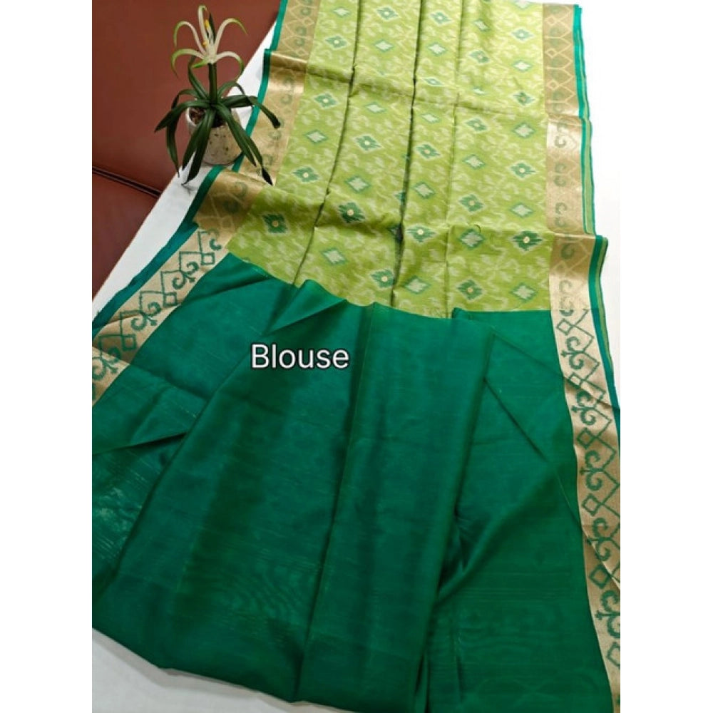 Women's Raw Silk Ikkat Saree With Unstitched Blouse 5.5Mtr (Green) - VANSHELLE