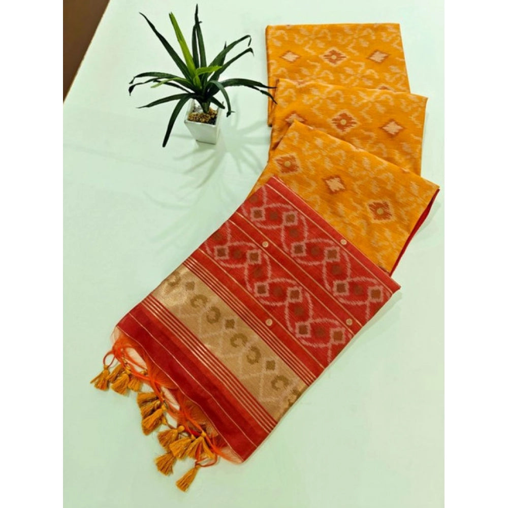 Women's Raw Silk Ikkat Saree With Unstitched Blouse 5.5Mtr (Mustard) - VANSHELLE