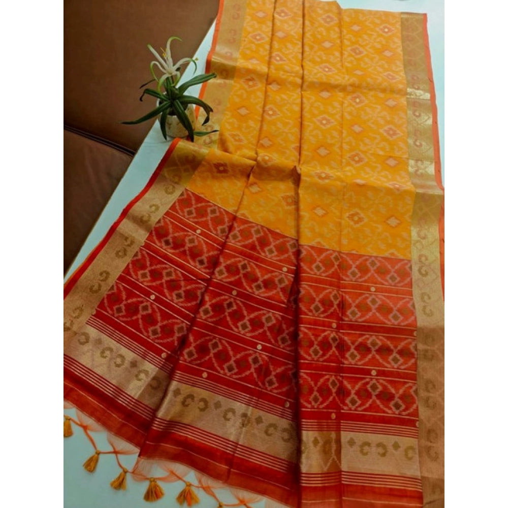 Women's Raw Silk Ikkat Saree With Unstitched Blouse 5.5Mtr (Mustard) - VANSHELLE