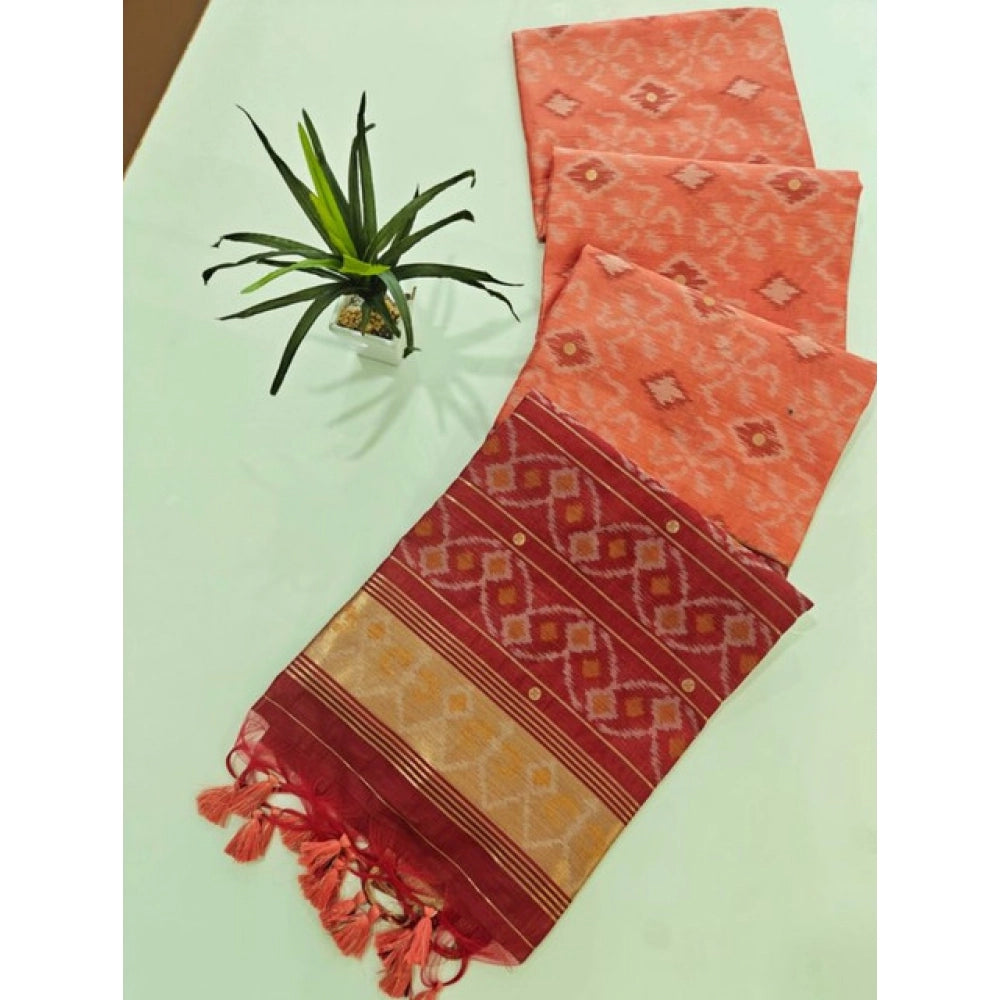 Women's Raw Silk Ikkat Saree With Unstitched Blouse 5.5Mtr (Peach) - VANSHELLE