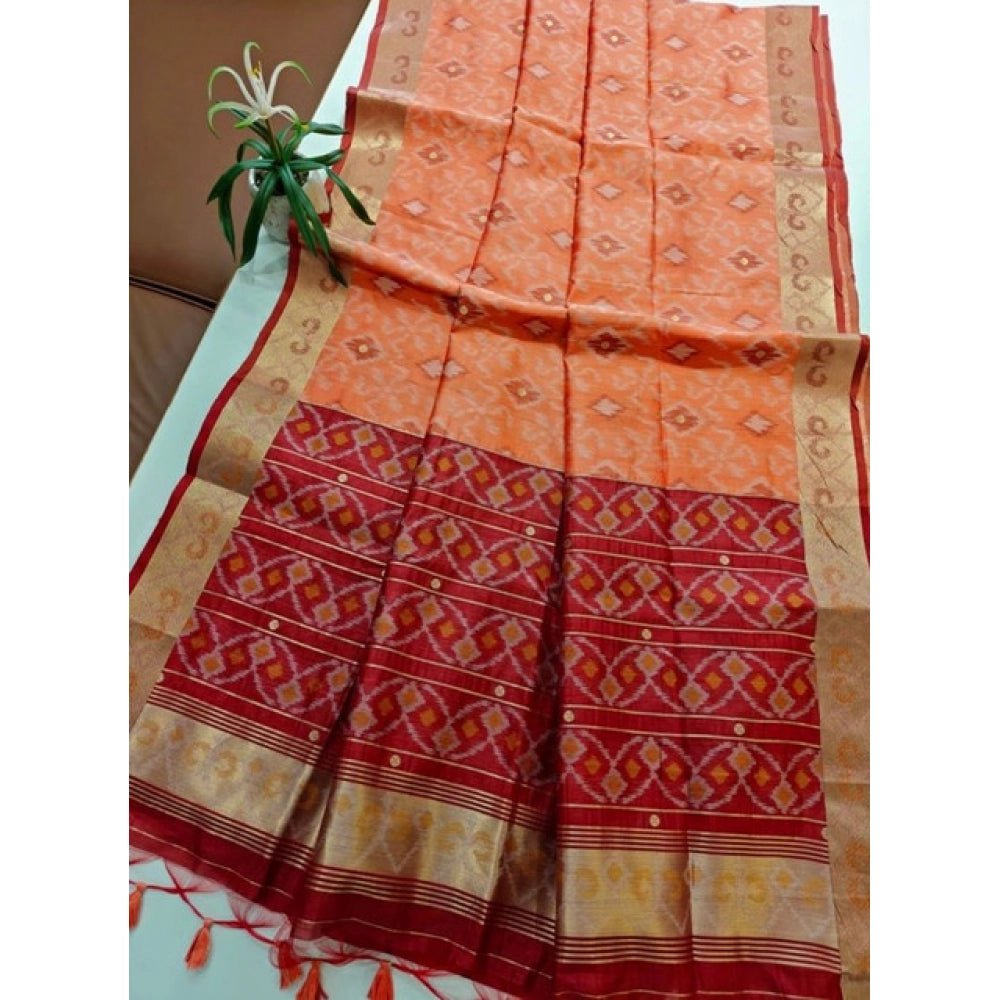Women's Raw Silk Ikkat Saree With Unstitched Blouse 5.5Mtr (Peach) - VANSHELLE