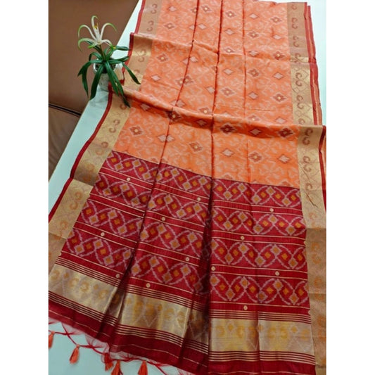 Women's Raw Silk Ikkat Saree With Unstitched Blouse 5.5Mtr (Peach) - VANSHELLE