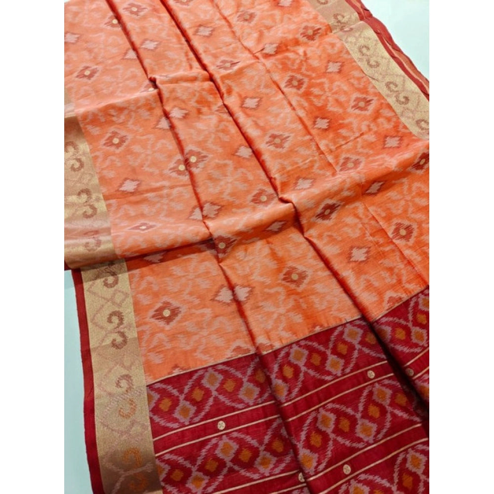 Women's Raw Silk Ikkat Saree With Unstitched Blouse 5.5Mtr (Peach) - VANSHELLE
