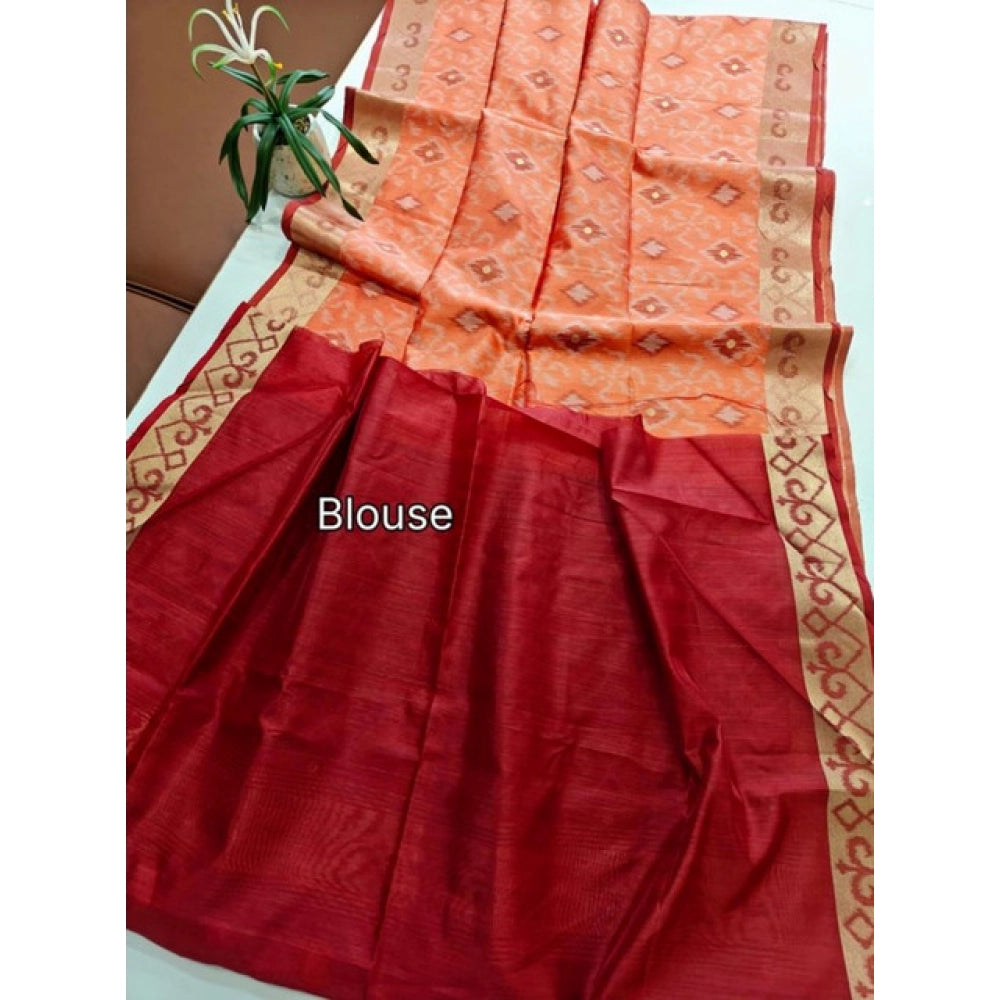 Women's Raw Silk Ikkat Saree With Unstitched Blouse 5.5Mtr (Peach) - VANSHELLE