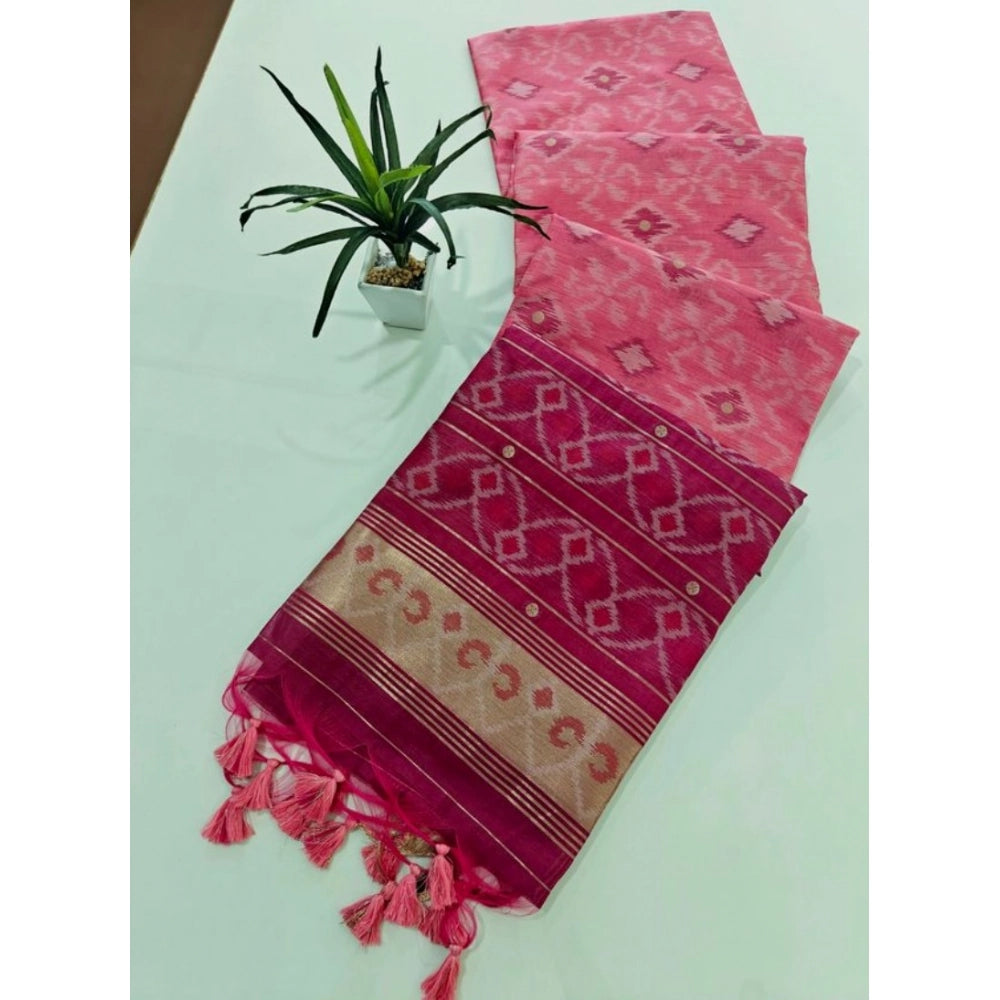 Women's Raw Silk Ikkat Saree With Unstitched Blouse 5.5Mtr (Pink) - VANSHELLE