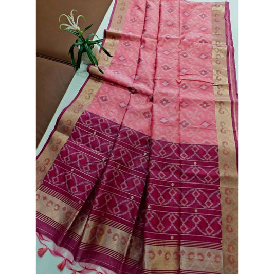Women's Raw Silk Ikkat Saree With Unstitched Blouse 5.5Mtr (Pink) - VANSHELLE