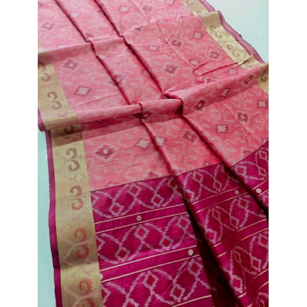 Women's Raw Silk Ikkat Saree With Unstitched Blouse 5.5Mtr (Pink) - VANSHELLE