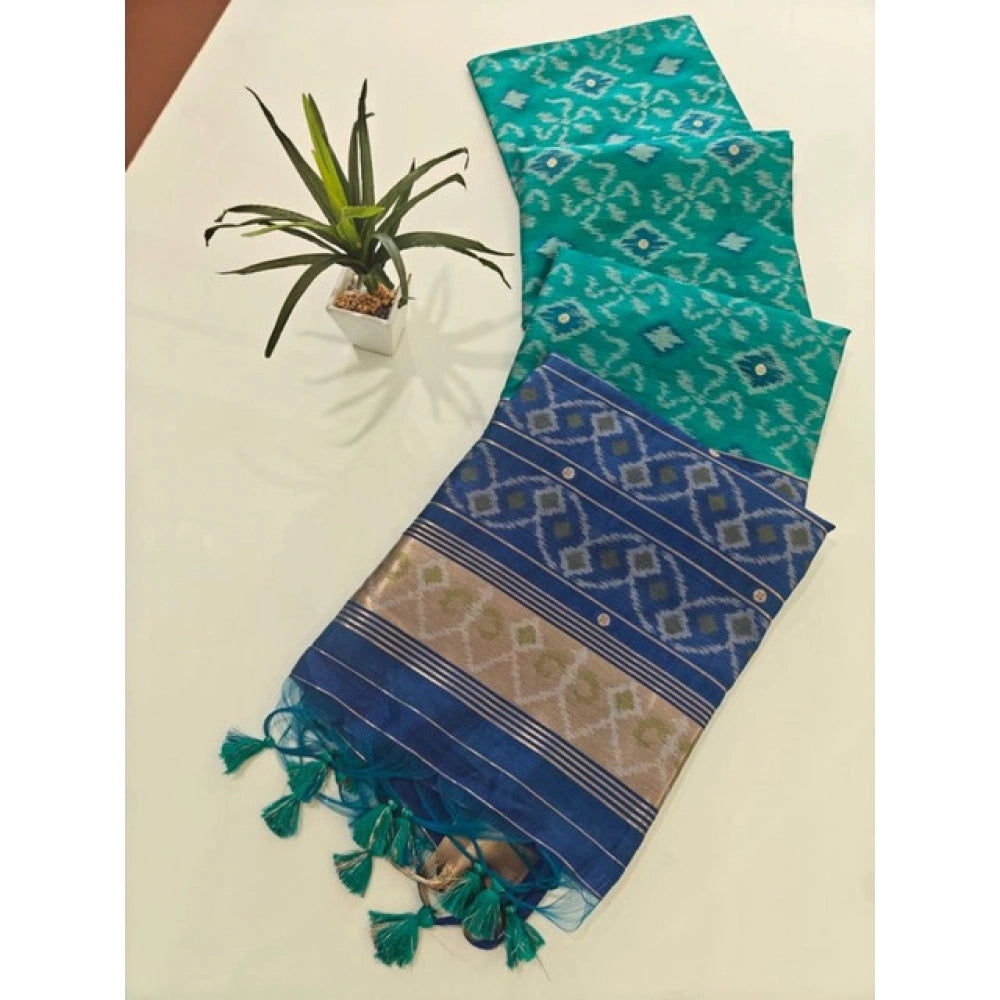 Women's Raw Silk Ikkat Saree With Unstitched Blouse 5.5Mtr (Sky Blue) - VANSHELLE