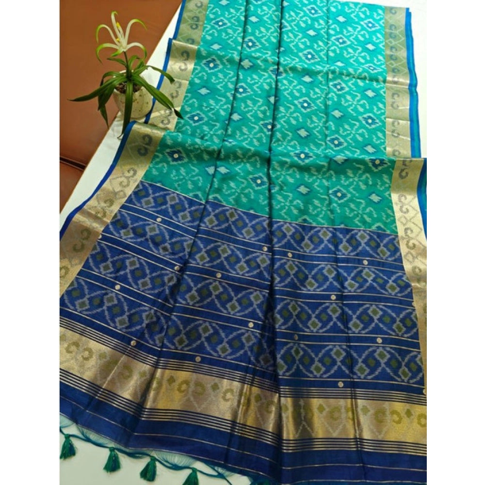 Women's Raw Silk Ikkat Saree With Unstitched Blouse 5.5Mtr (Sky Blue) - VANSHELLE