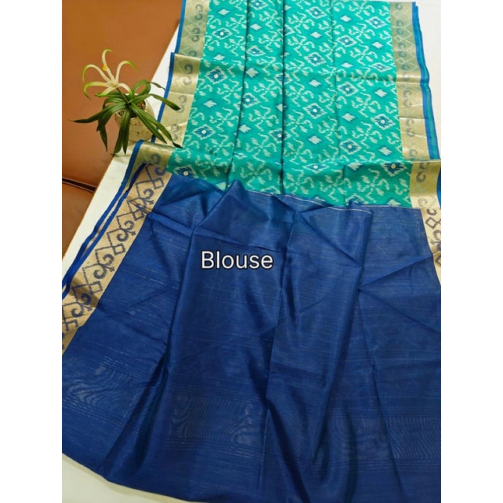 Women's Raw Silk Ikkat Saree With Unstitched Blouse 5.5Mtr (Sky Blue) - VANSHELLE