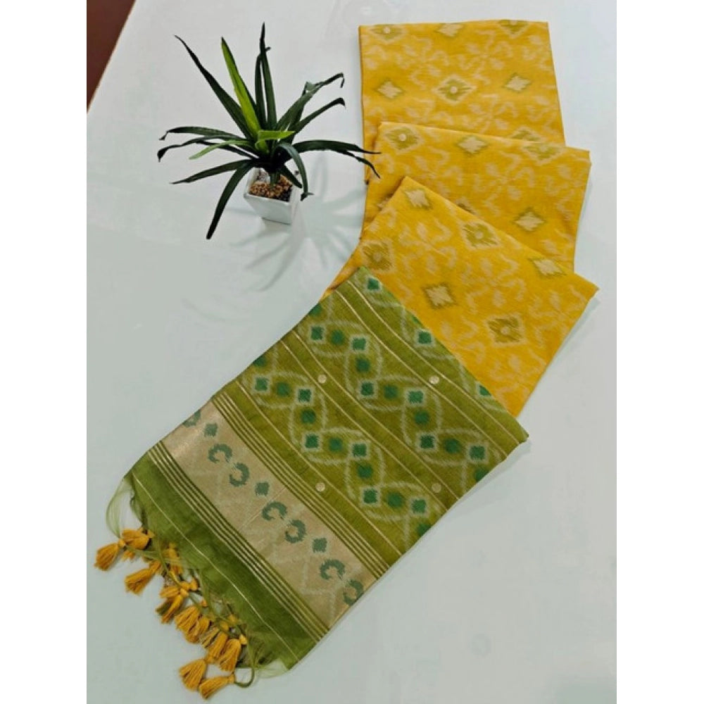 Women's Raw Silk Ikkat Saree With Unstitched Blouse 5.5Mtr (Yellow) - VANSHELLE