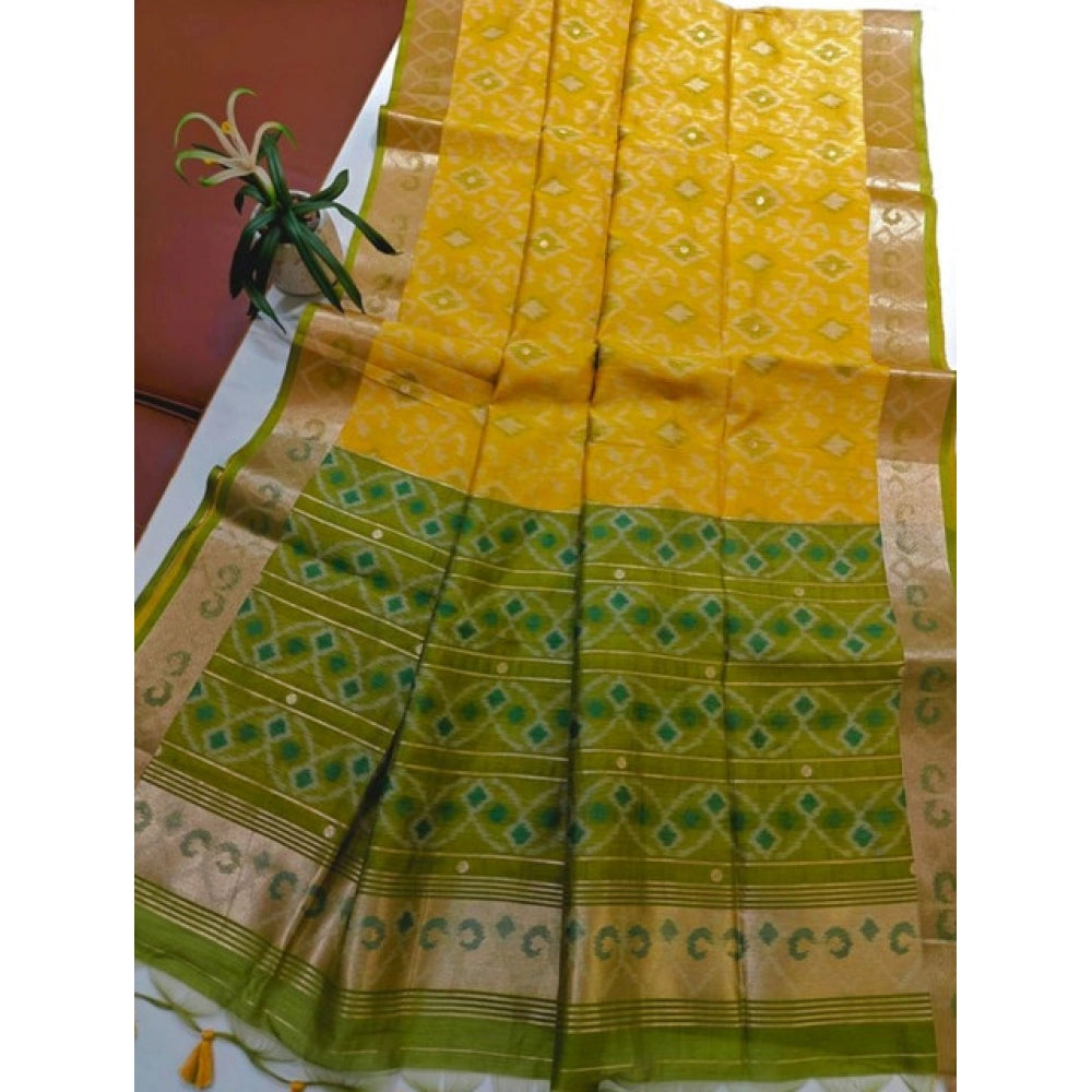 Women's Raw Silk Ikkat Saree With Unstitched Blouse 5.5Mtr (Yellow) - VANSHELLE
