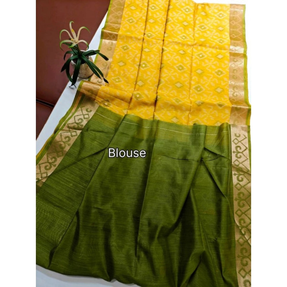 Women's Raw Silk Ikkat Saree With Unstitched Blouse 5.5Mtr (Yellow) - VANSHELLE