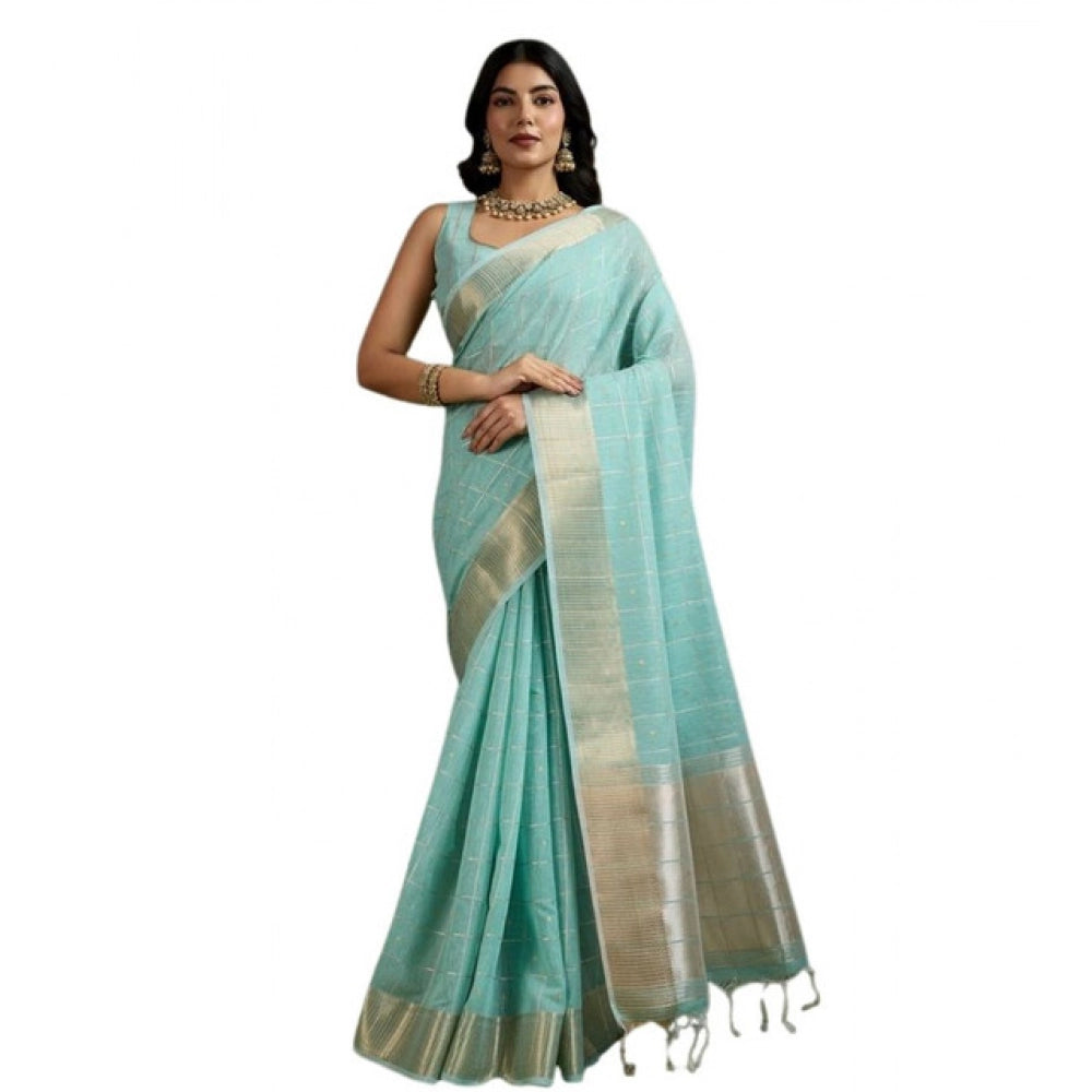 Women's Tissue Checks_With_Buttis Saree With Unstitched Blouse 5.5Mtr (Aqua_Blue) - VANSHELLE