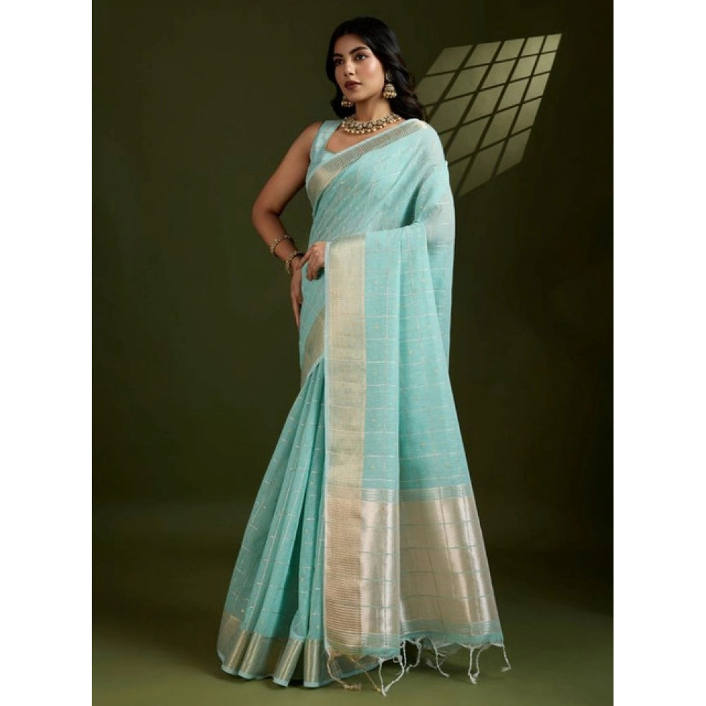 Women's Tissue Checks_With_Buttis Saree With Unstitched Blouse 5.5Mtr (Aqua_Blue) - VANSHELLE