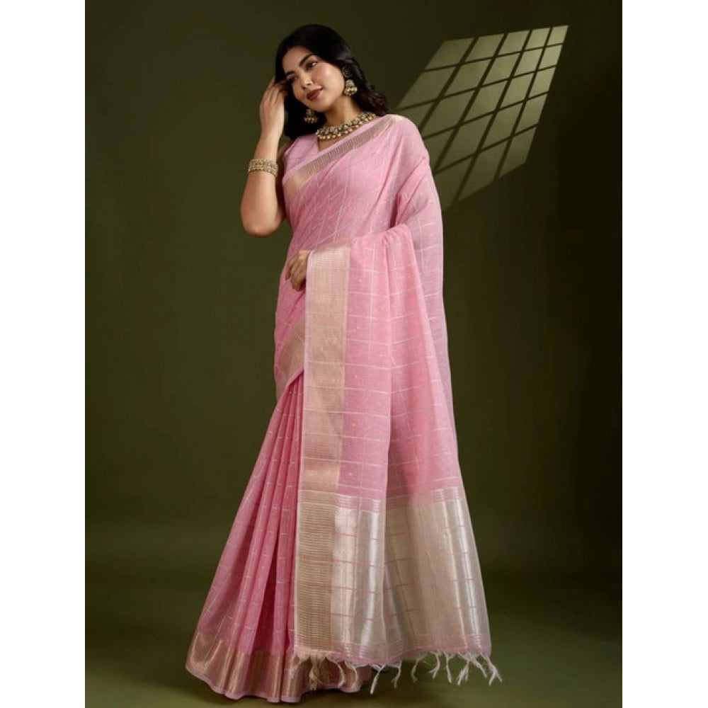Women's Tissue Checks_With_Buttis Saree With Unstitched Blouse 5.5Mtr (Light_Pink) - VANSHELLE