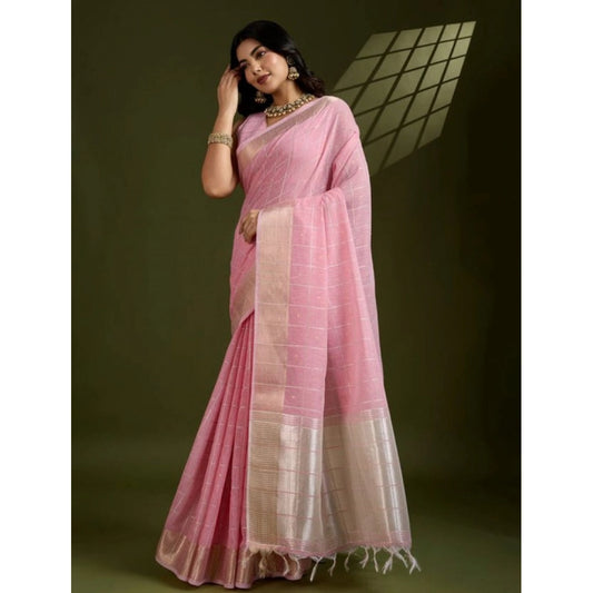 Women's Tissue Checks_With_Buttis Saree With Unstitched Blouse 5.5Mtr (Light_Pink) - VANSHELLE