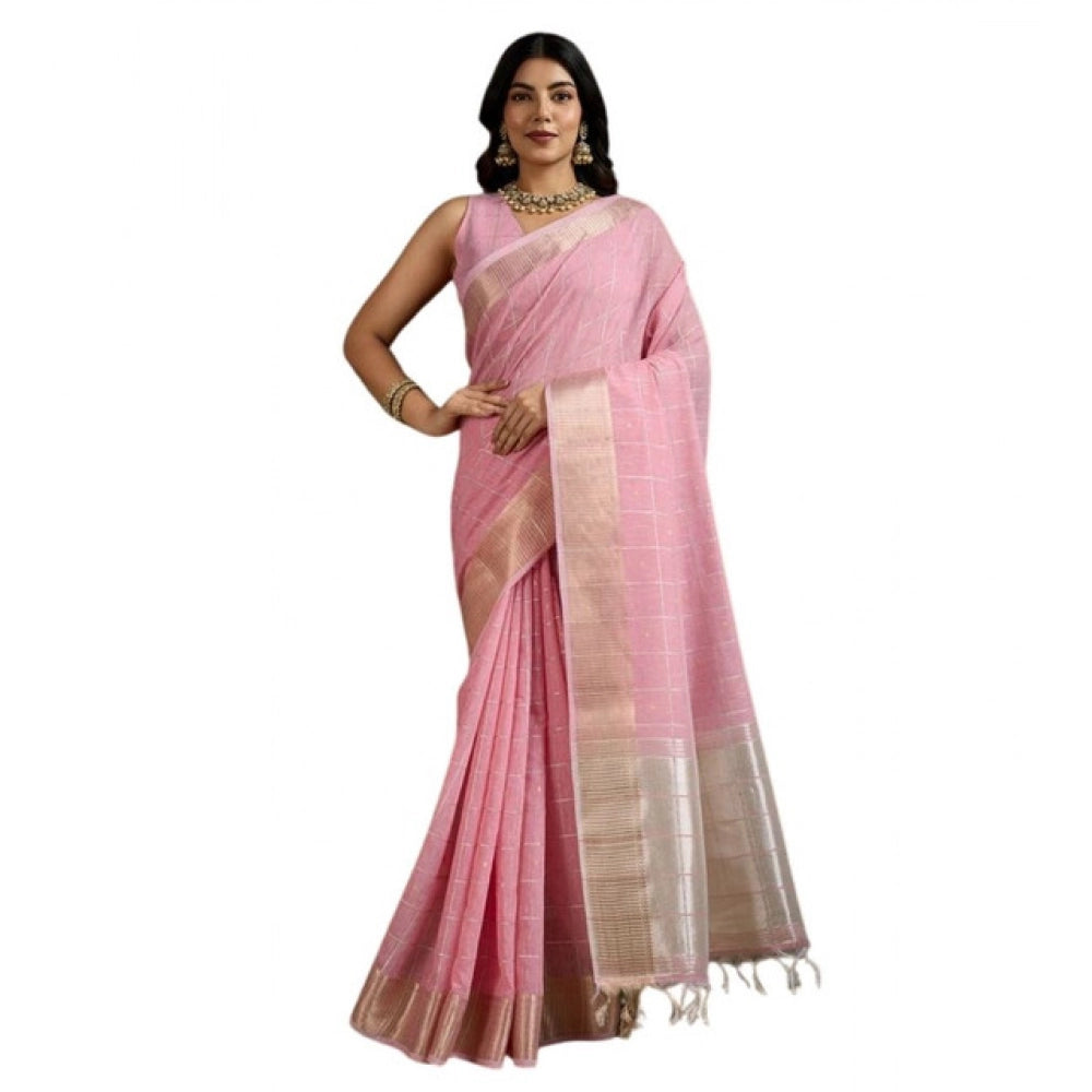 Women's Tissue Checks_With_Buttis Saree With Unstitched Blouse 5.5Mtr (Light_Pink) - VANSHELLE