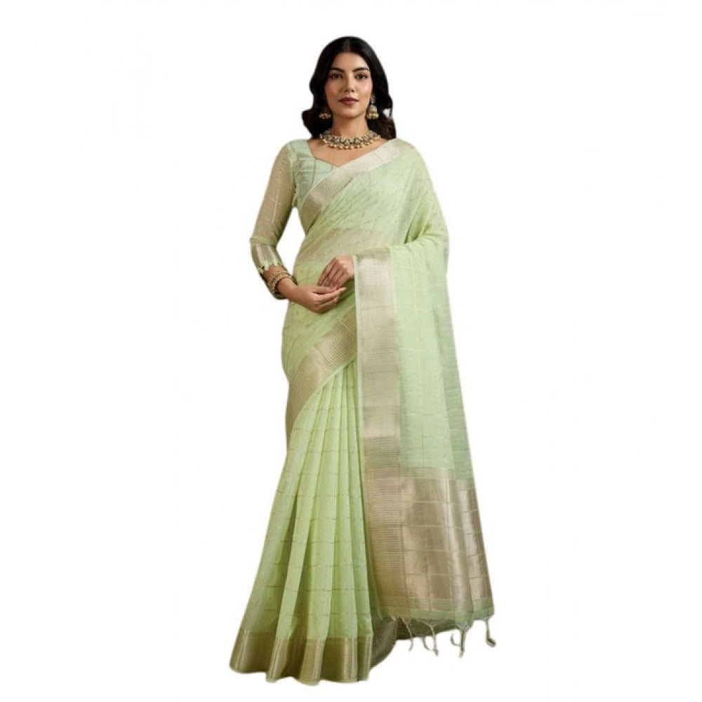 Women's Tissue Checks_With_Buttis Saree With Unstitched Blouse 5.5Mtr (Light_Green) - VANSHELLE