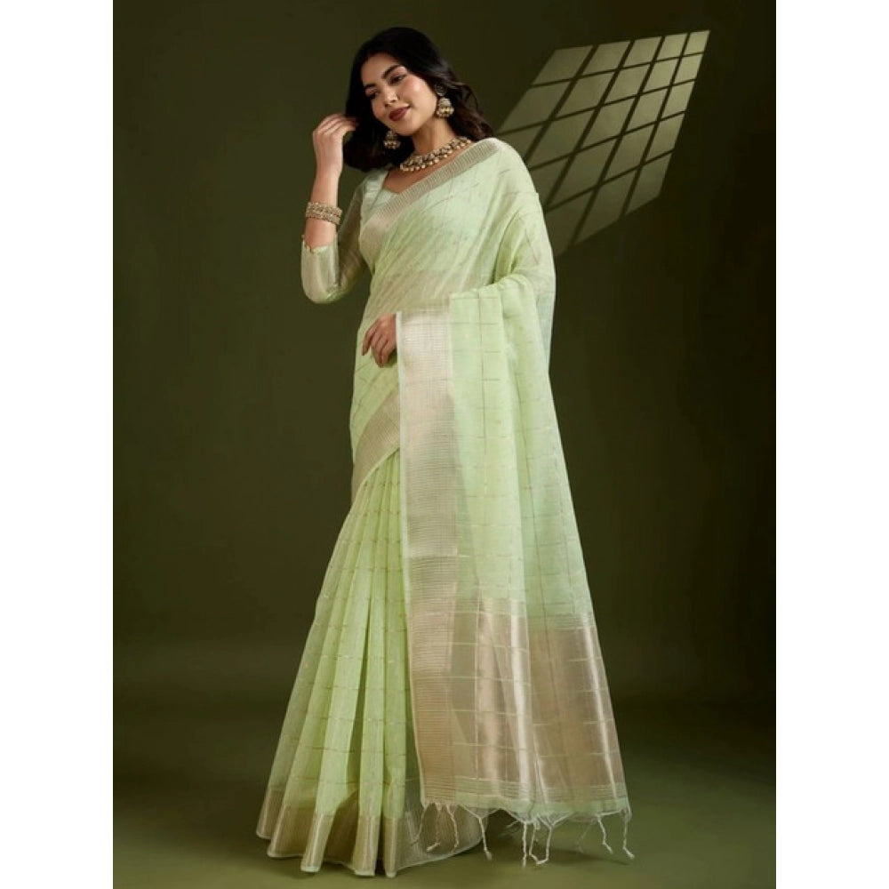 Women's Tissue Checks_With_Buttis Saree With Unstitched Blouse 5.5Mtr (Light_Green) - VANSHELLE