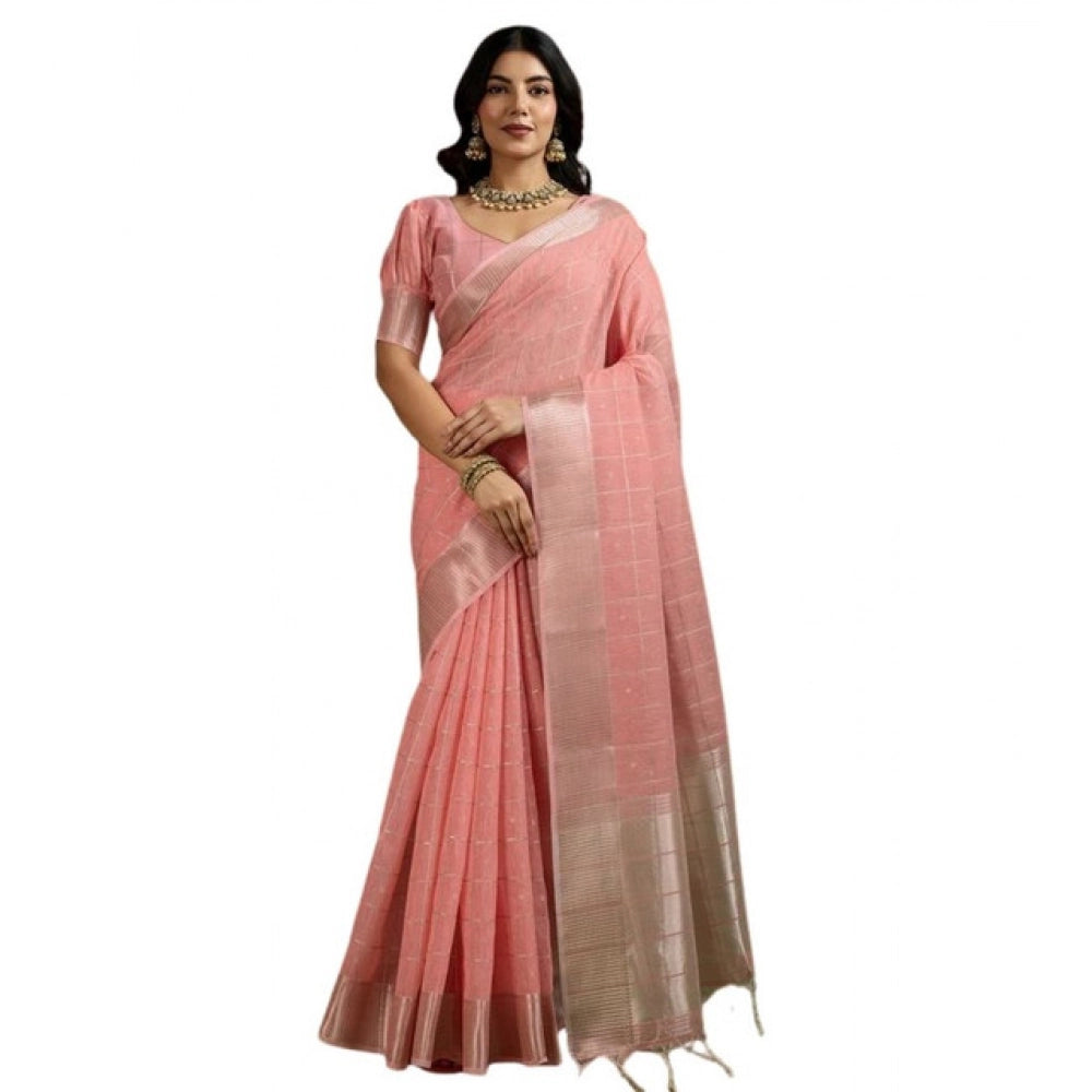 Women's Tissue Checks_With_Buttis Saree With Unstitched Blouse 5.5Mtr (Peach) - VANSHELLE