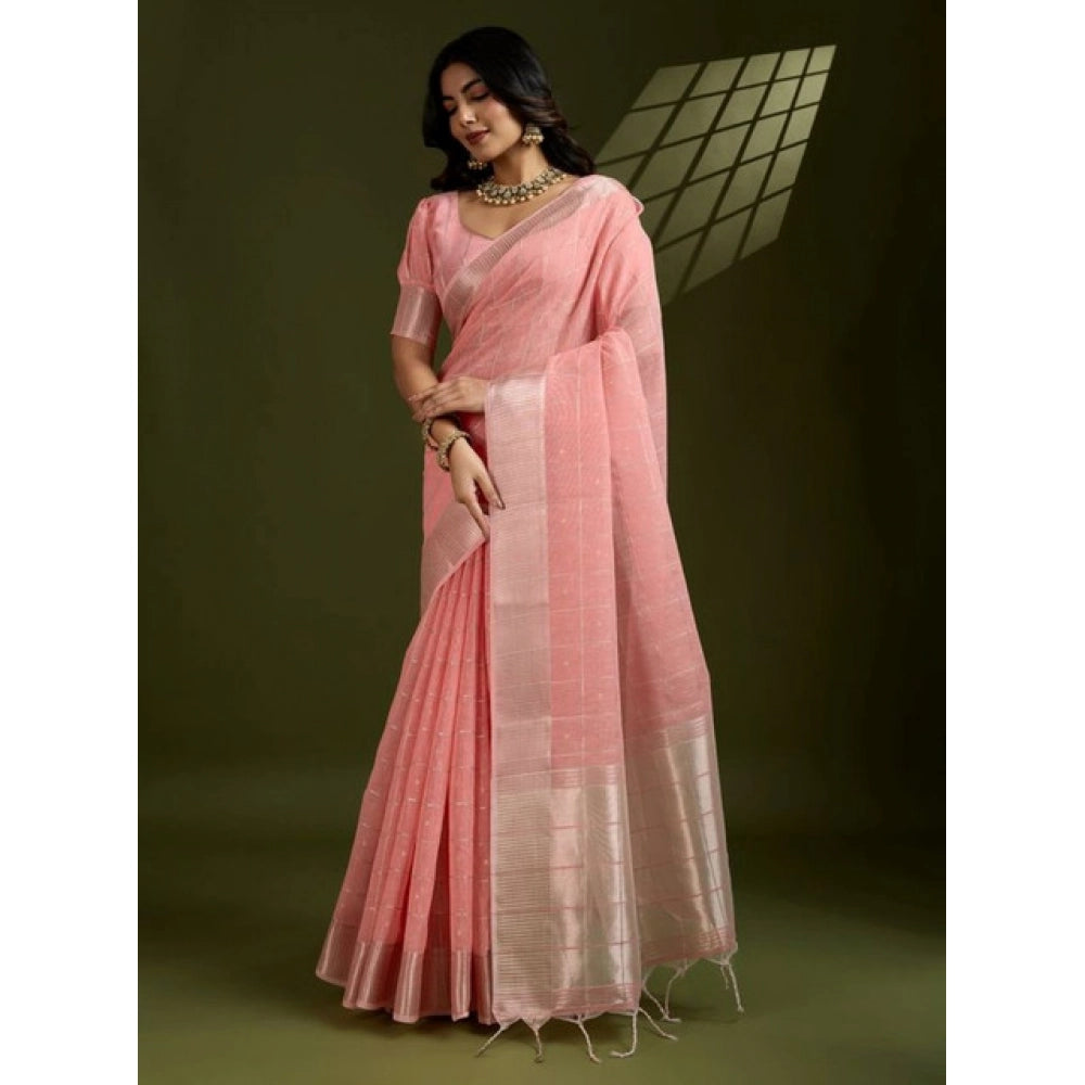 Women's Tissue Checks_With_Buttis Saree With Unstitched Blouse 5.5Mtr (Peach) - VANSHELLE