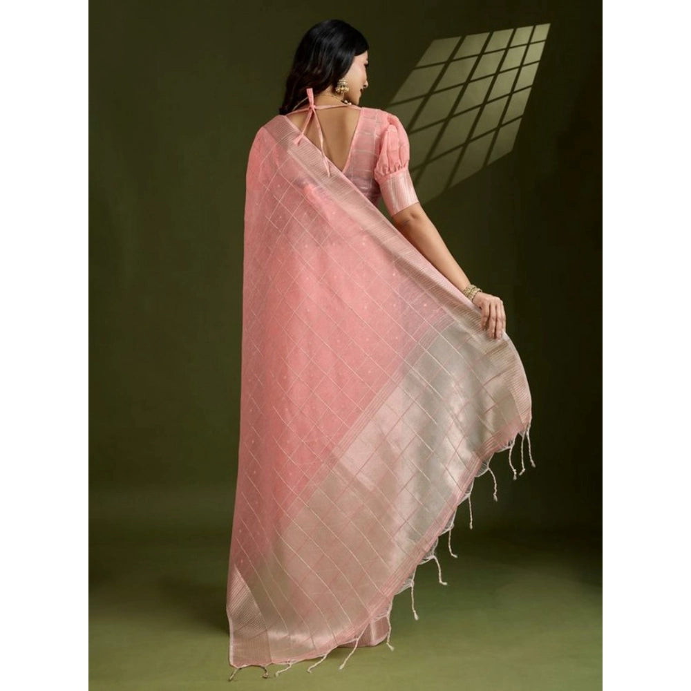 Women's Tissue Checks_With_Buttis Saree With Unstitched Blouse 5.5Mtr (Peach) - VANSHELLE