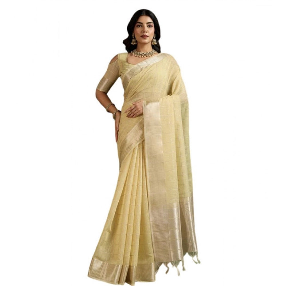 Women's Tissue Checks_With_Buttis Saree With Unstitched Blouse 5.5Mtr (Yellow) - VANSHELLE