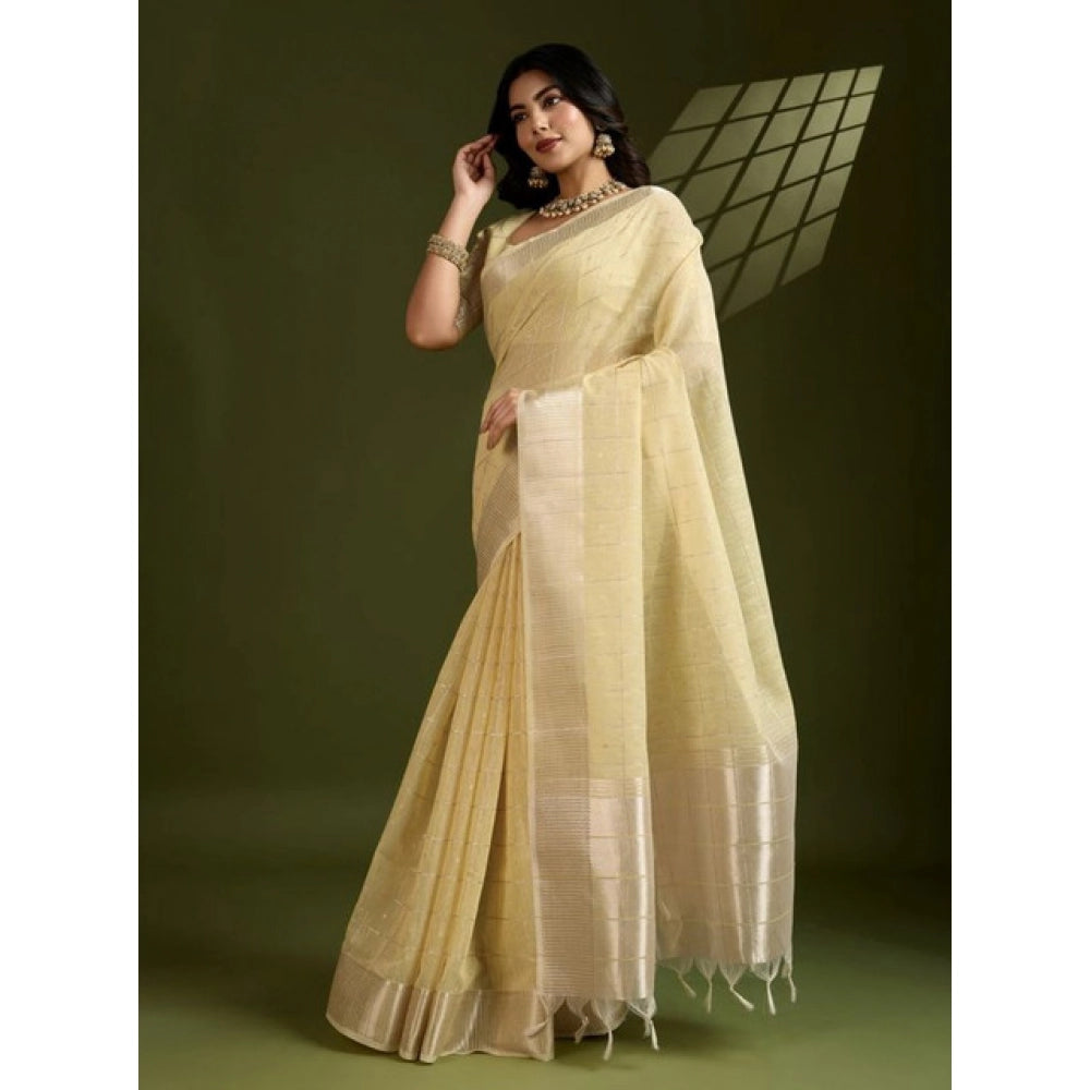 Women's Tissue Checks_With_Buttis Saree With Unstitched Blouse 5.5Mtr (Yellow) - VANSHELLE