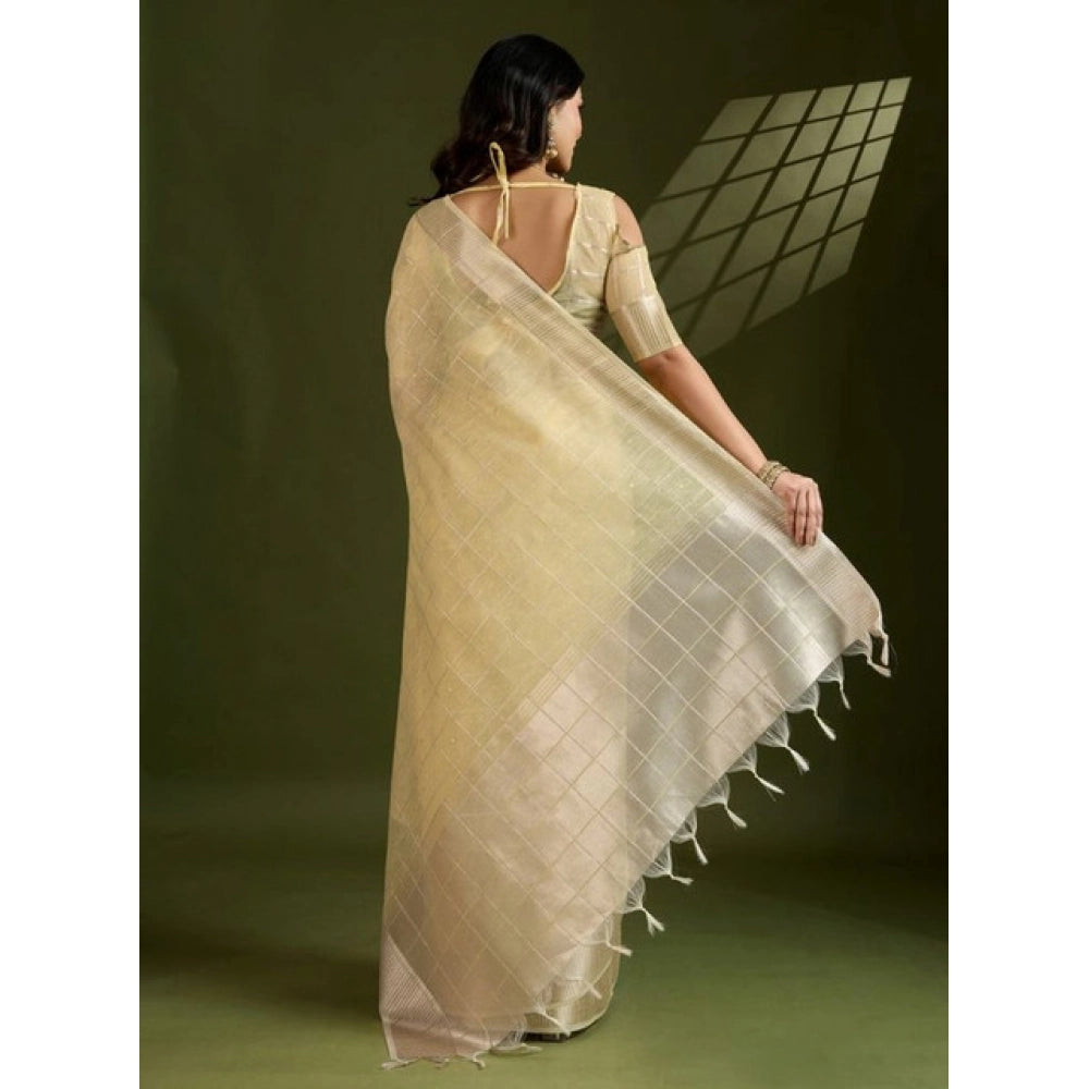 Women's Tissue Checks_With_Buttis Saree With Unstitched Blouse 5.5Mtr (Yellow) - VANSHELLE