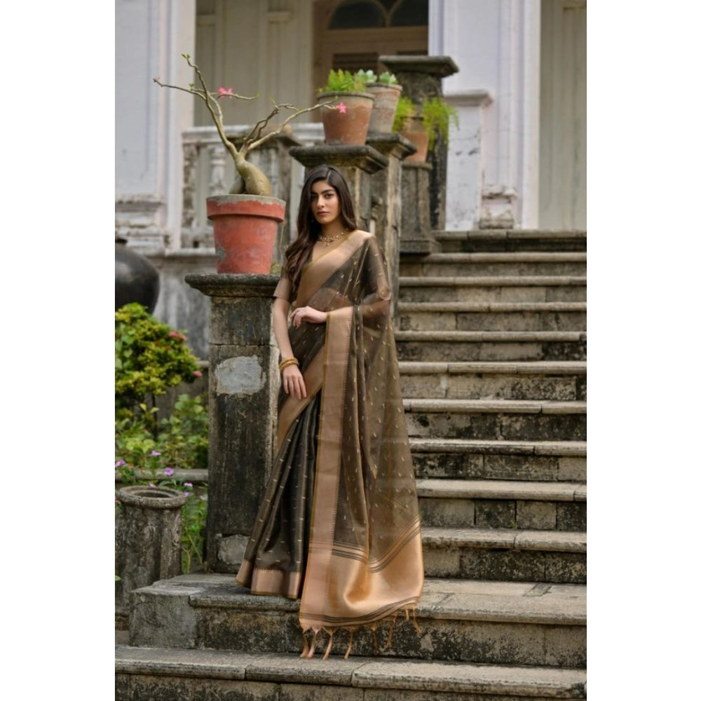 Women's Silk_Blend Butti Pattern Saree With Unstitched Blouse 5.5Mtr (Coffee) - VANSHELLE