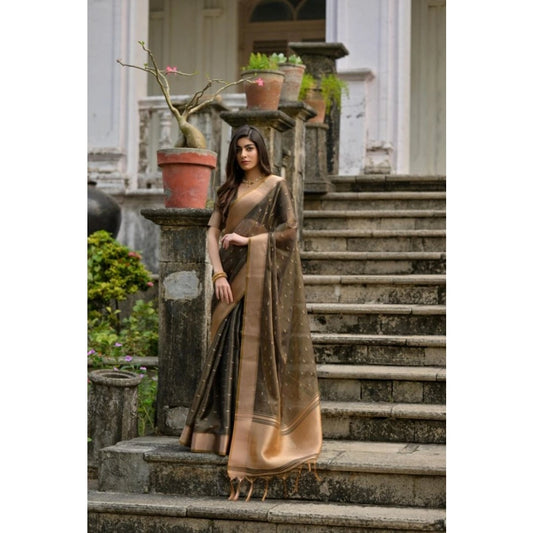 Women's Silk_Blend Butti Pattern Saree With Unstitched Blouse 5.5Mtr (Coffee) - VANSHELLE