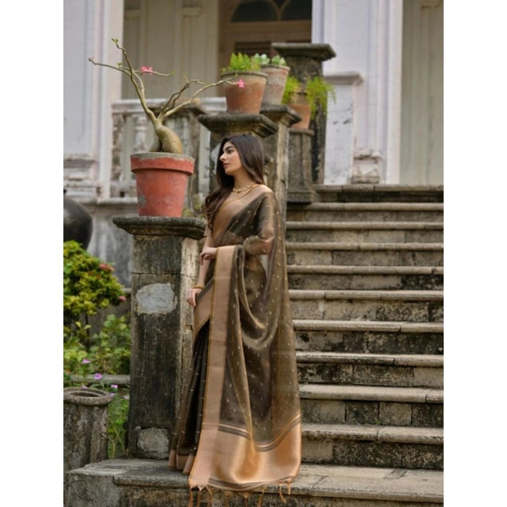 Women's Silk_Blend Butti Pattern Saree With Unstitched Blouse 5.5Mtr (Coffee) - VANSHELLE