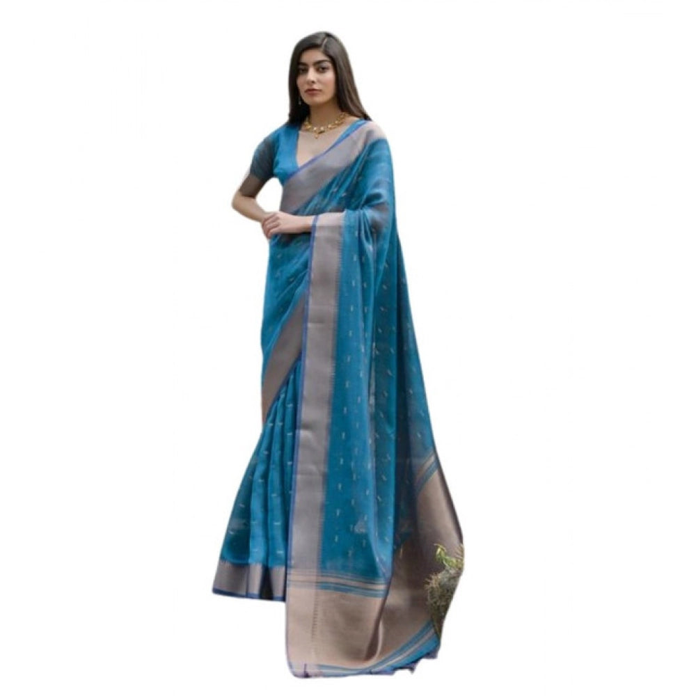 Women's Silk_Blend Butti Pattern Saree With Unstitched Blouse 5.5Mtr (Teal) - VANSHELLE