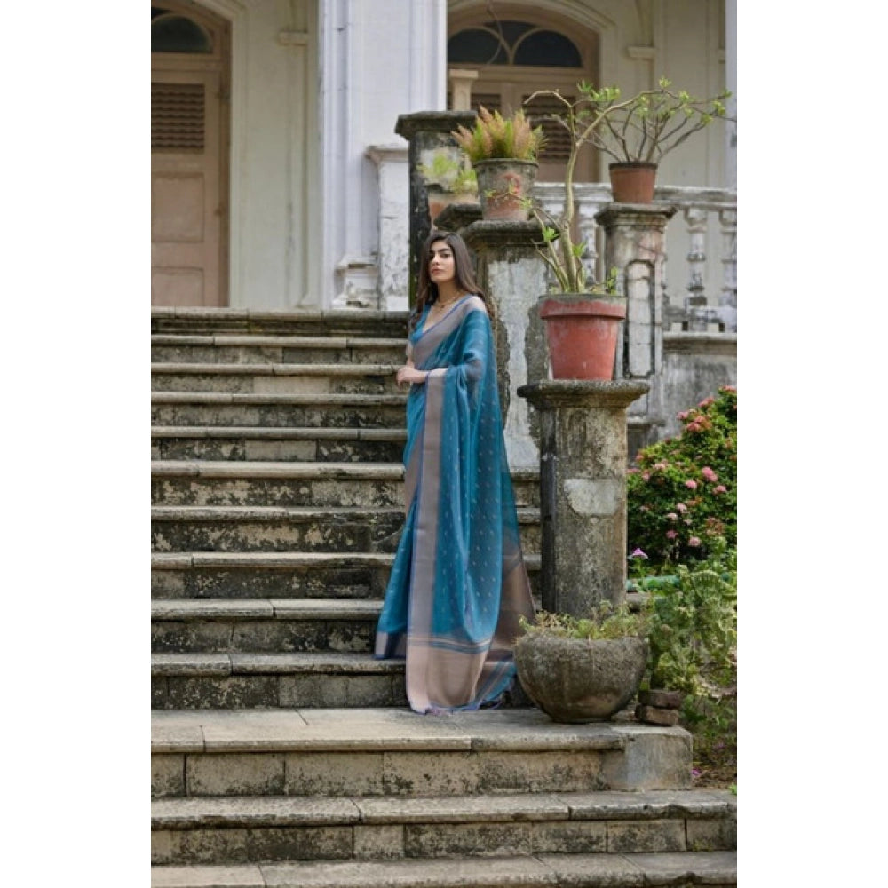 Women's Silk_Blend Butti Pattern Saree With Unstitched Blouse 5.5Mtr (Teal) - VANSHELLE