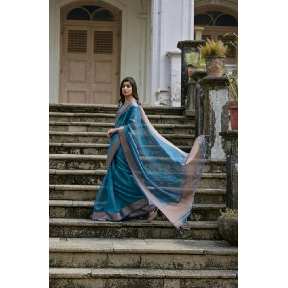 Women's Silk_Blend Butti Pattern Saree With Unstitched Blouse 5.5Mtr (Teal) - VANSHELLE