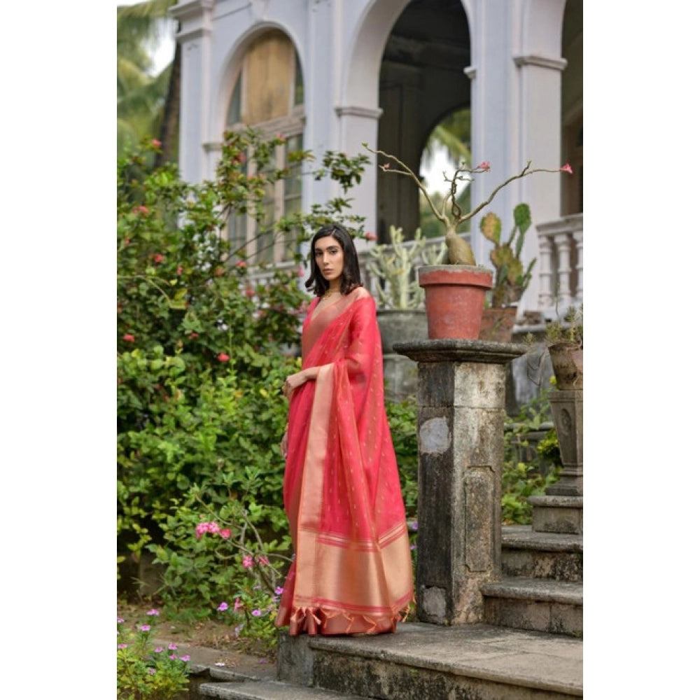 Women's Silk_Blend Butti Pattern Saree With Unstitched Blouse 5.5Mtr (Pink) - VANSHELLE