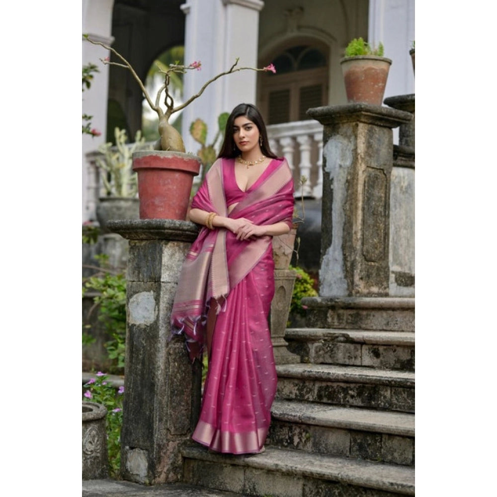 Women's Silk_Blend Butti Pattern Saree With Unstitched Blouse 5.5Mtr (Pink) - VANSHELLE