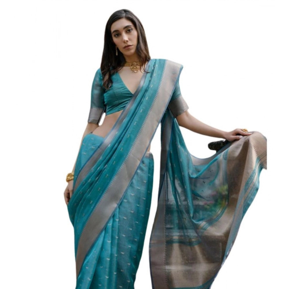 Women's Silk_Blend Butti Pattern Saree With Unstitched Blouse 5.5Mtr (Teal) - VANSHELLE