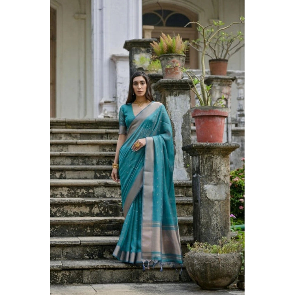 Women's Silk_Blend Butti Pattern Saree With Unstitched Blouse 5.5Mtr (Teal) - VANSHELLE