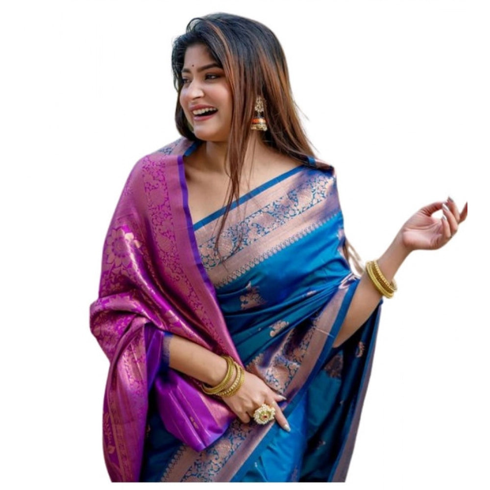 Women's Katan_Silk Zari_Weaving Saree With Unstitched Blouse 5.5Mtr (Blue) - VANSHELLE