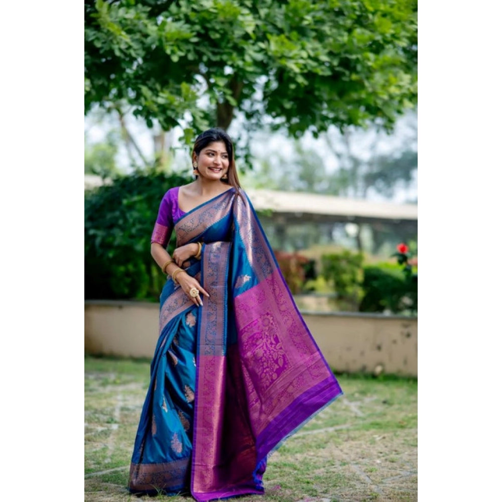 Women's Katan_Silk Zari_Weaving Saree With Unstitched Blouse 5.5Mtr (Blue) - VANSHELLE