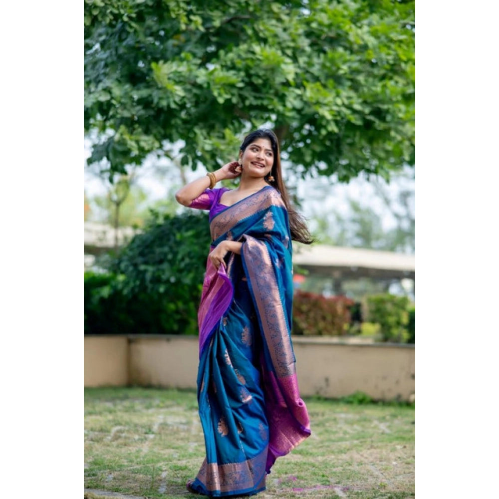Women's Katan_Silk Zari_Weaving Saree With Unstitched Blouse 5.5Mtr (Blue) - VANSHELLE