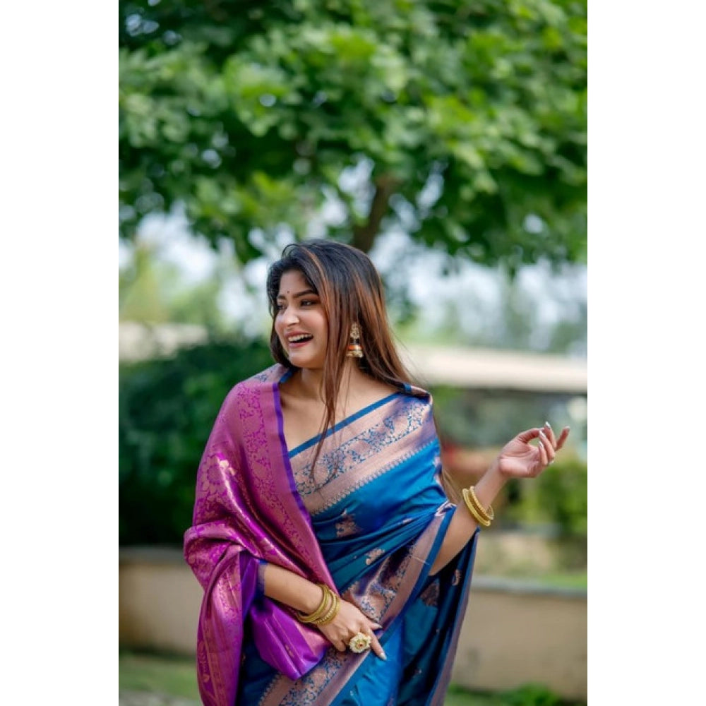Women's Katan_Silk Zari_Weaving Saree With Unstitched Blouse 5.5Mtr (Blue) - VANSHELLE