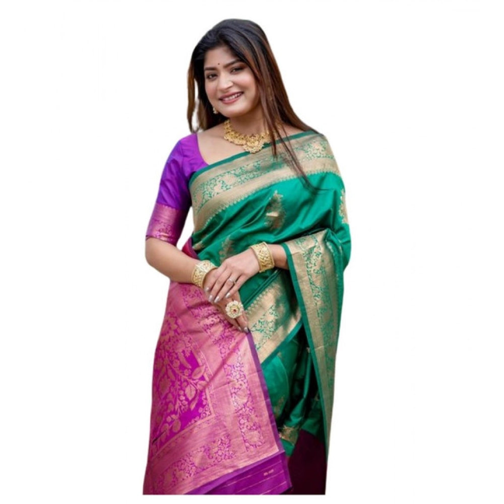 Women's Katan_Silk Zari_Weaving Saree With Unstitched Blouse 5.5Mtr (Dark_Green) - VANSHELLE