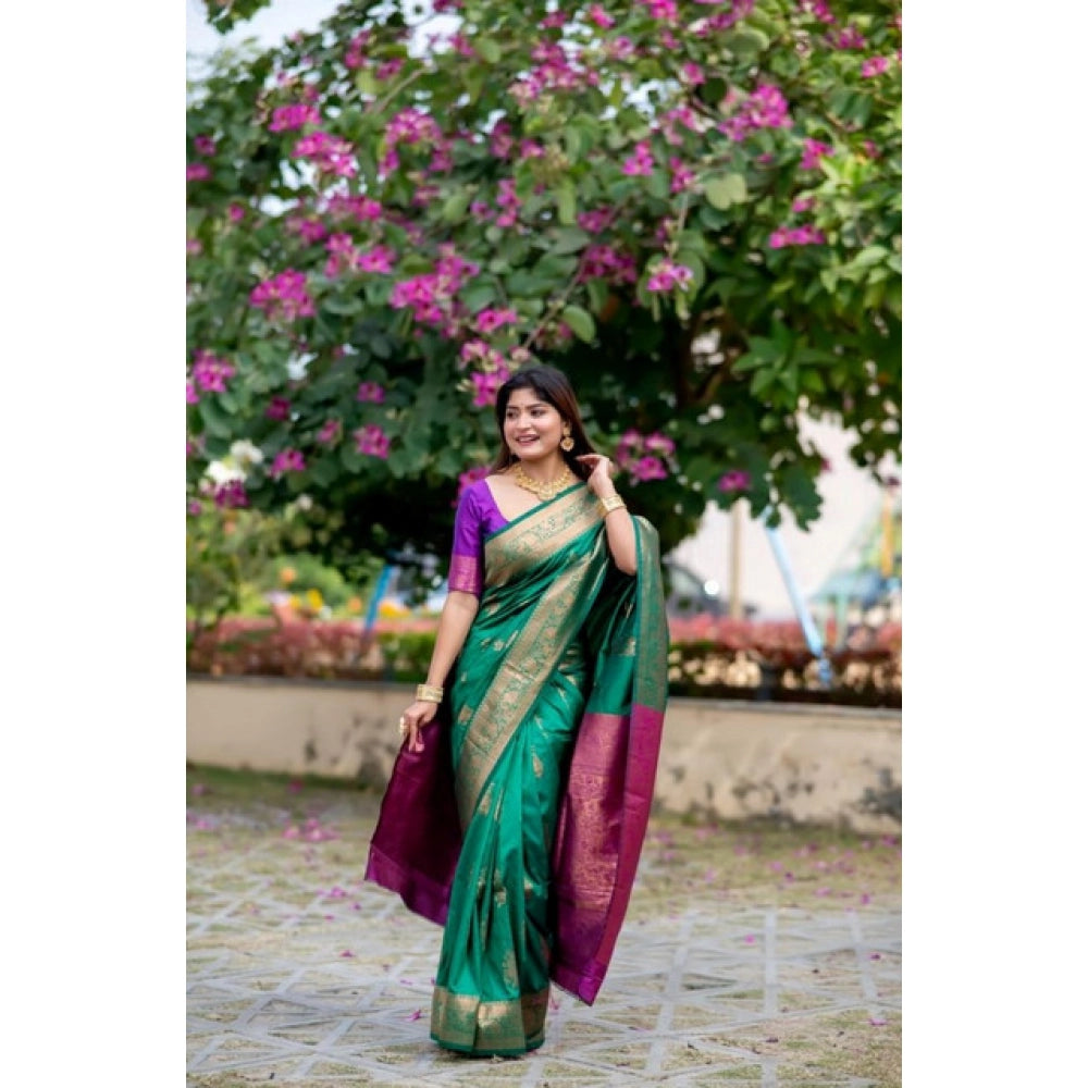 Women's Katan_Silk Zari_Weaving Saree With Unstitched Blouse 5.5Mtr (Dark_Green) - VANSHELLE