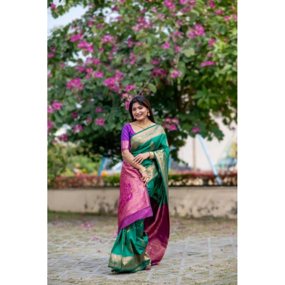 Women's Katan_Silk Zari_Weaving Saree With Unstitched Blouse 5.5Mtr (Dark_Green) - VANSHELLE