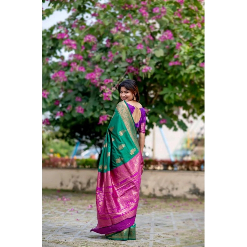 Women's Katan_Silk Zari_Weaving Saree With Unstitched Blouse 5.5Mtr (Dark_Green) - VANSHELLE