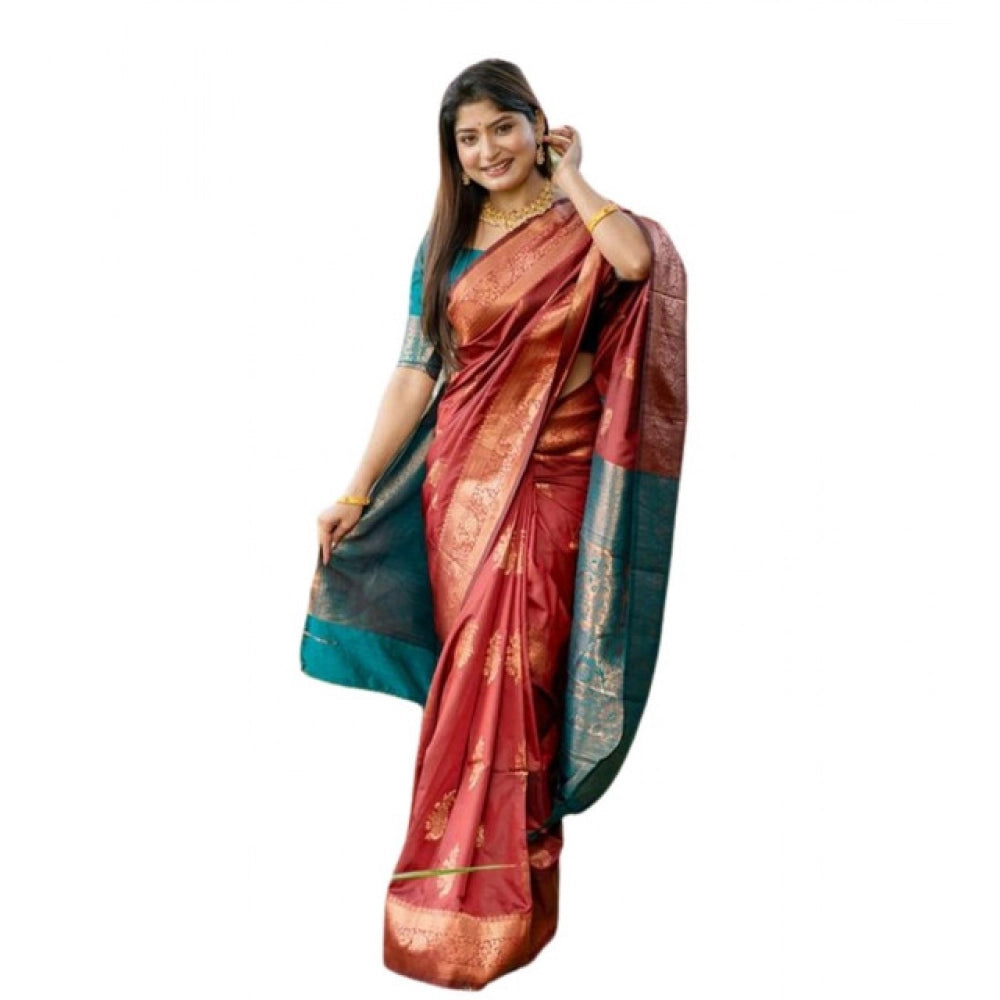 Women's Katan_Silk Zari_Weaving Saree With Unstitched Blouse 5.5Mtr (Maroon) - VANSHELLE